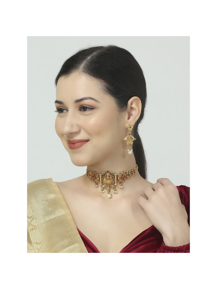 OOMPH Gold Goddess Laxmi Choker Necklace Set - Temple Theme Stylish Latest-picture-15