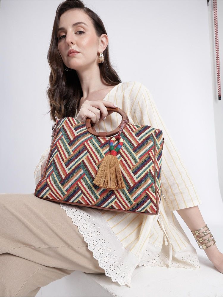 Anekaant Lines and Loops Tan Jacquard Chevron Hand Bag with Detachable Straps-picture-18
