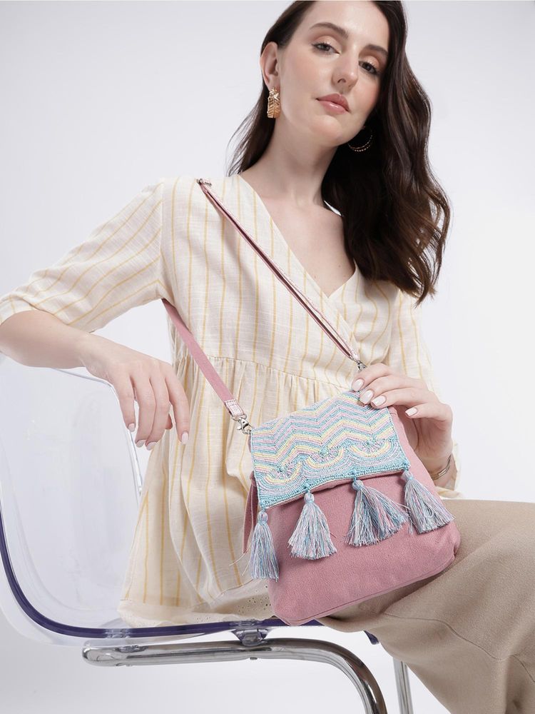 Anekaant Mod Stitch Dusty Pink Chevron Cotton Sling Bag-picture-15