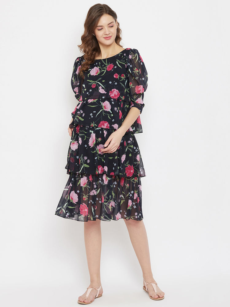 The Kaftan Company Floral Georgette Maternity Dress With Layers And Puff Sleeves - Black-picture-28