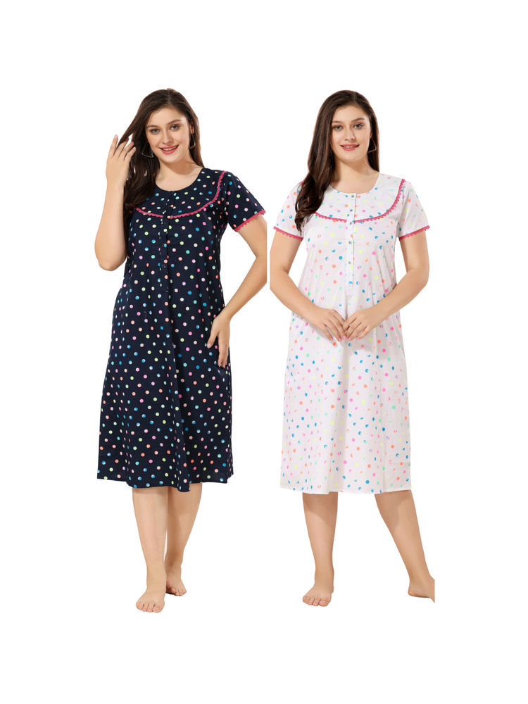 piu navy & white maternity cotton half sleeves polka print nighties (pack of 2)