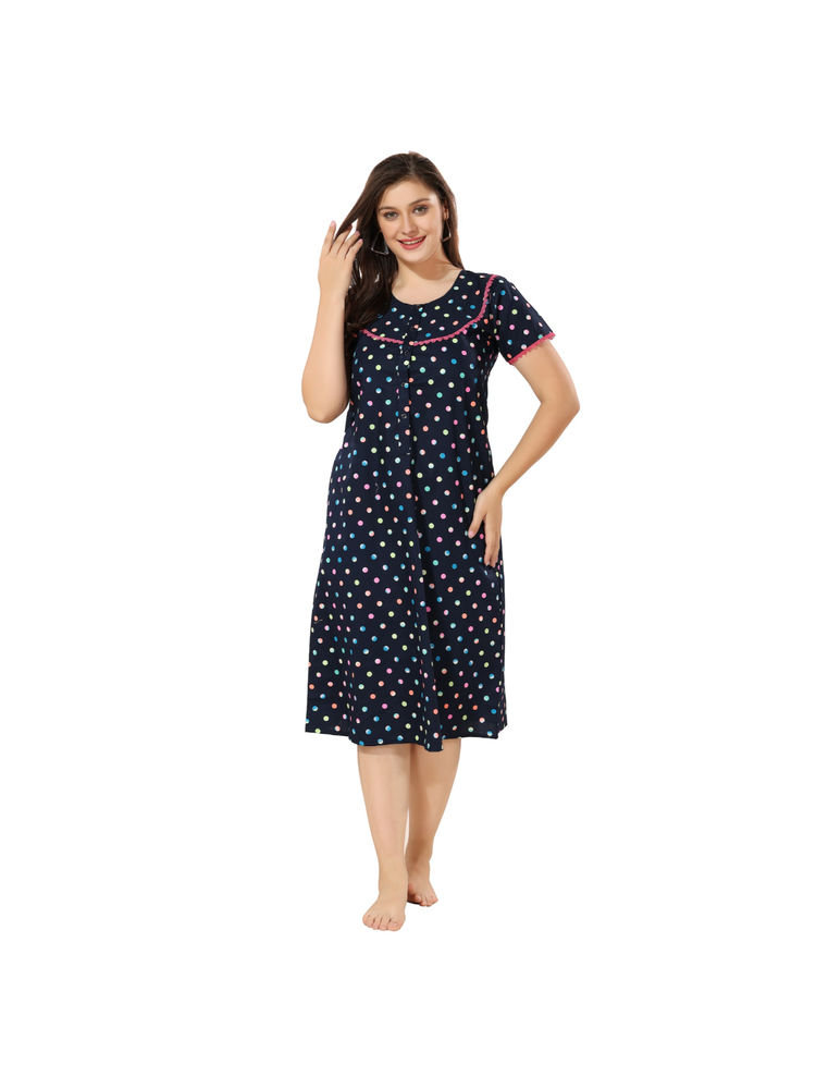 PIU Navy Blue Maternity Cotton Half Sleeves Polka Print Nighty-image-44