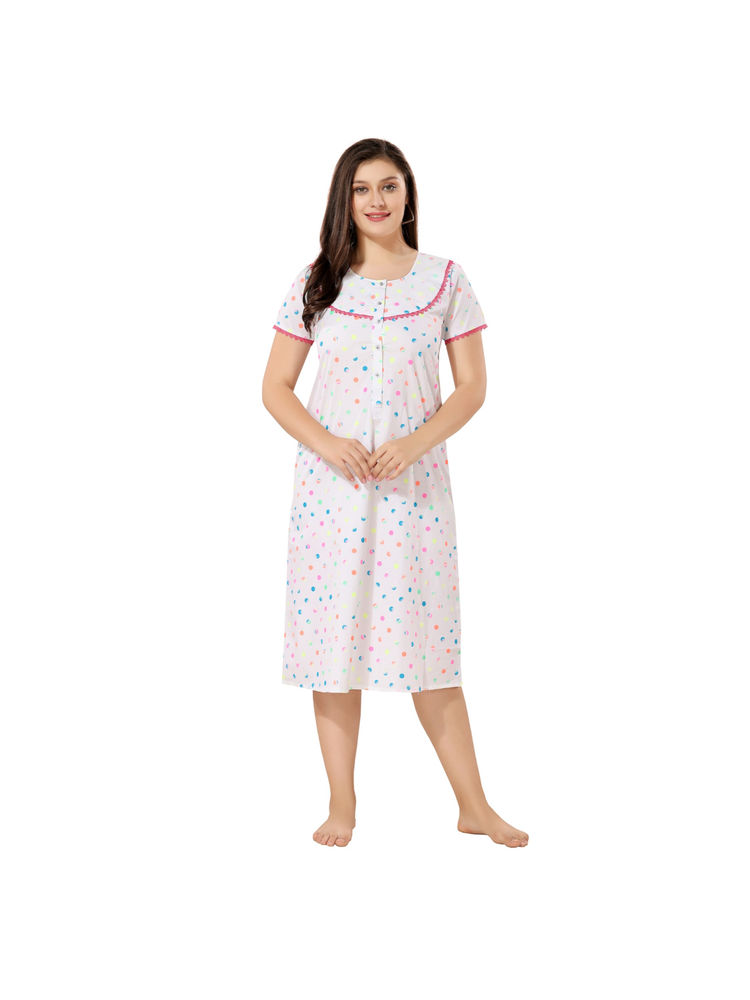 PIU White Maternity Cotton Half Sleeves Polka Print Nighty-picture-10