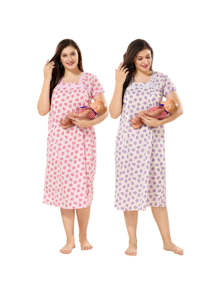 PIU Pink & Purple Feeding Cotton Half Sleeves Penguin Print Nighties (Pack of 2)-picture-11