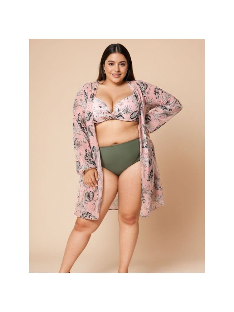 WomanLikeU Sage Green Plus Size Bikini Top With Bottom And Shrug (Set of 3)-picture-22