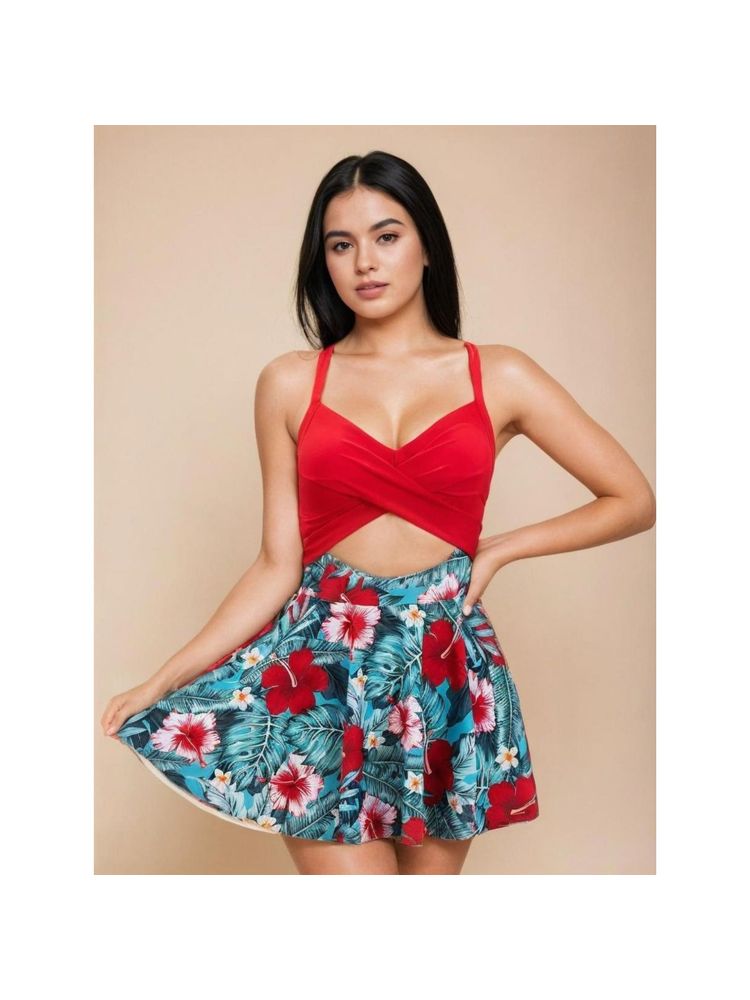 WomanLikeU Red Cross-Strap Swim Dress with Bikini Bottoms (Set of 2)-picture-10