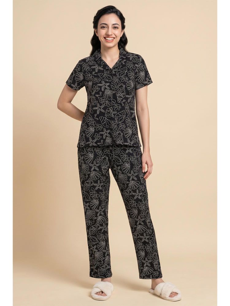 Zivame Knit Cotton Pyjama Set - Black-picture-21