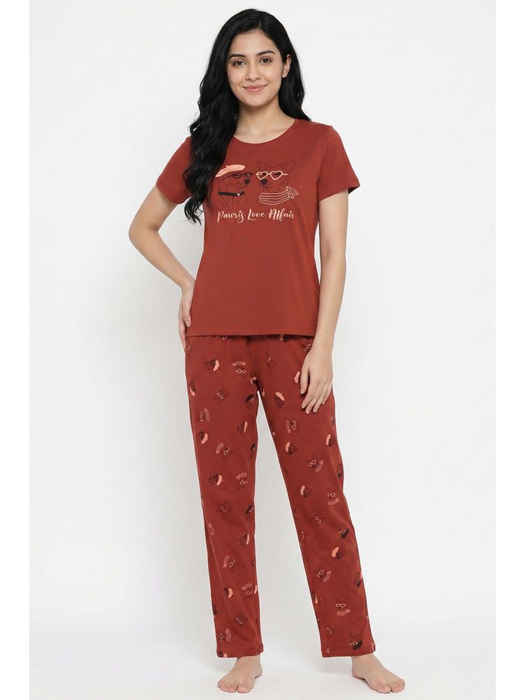 Zivame Farm Lore Knit Cotton Pyjama Set - Rust-image-32