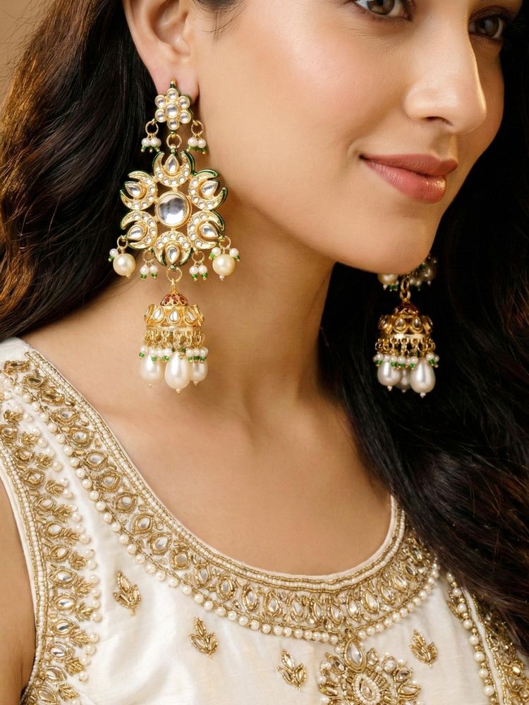 LUCKY JEWELLERY Women White Gold Plated Navratan Jhumka Earrings-picture-11