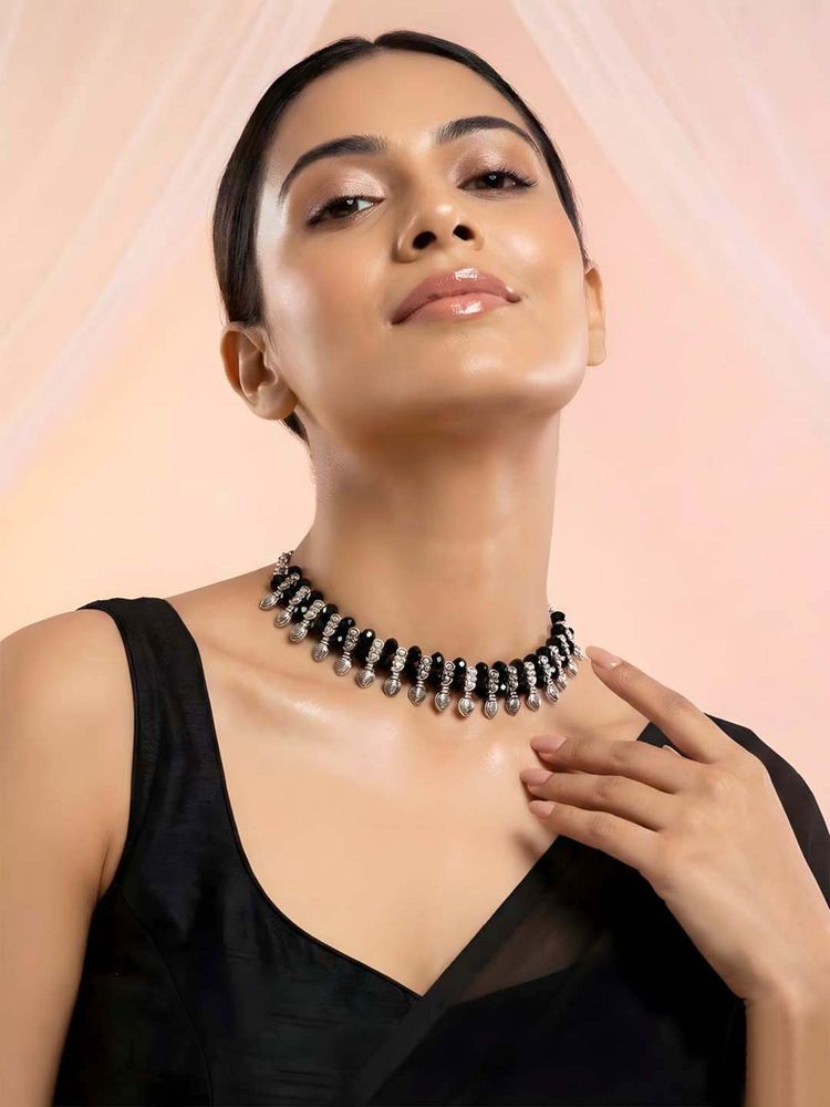 ADIVA Women Oxidised Silver-Toned Black Beaded Textured Drop Necklace-image-47