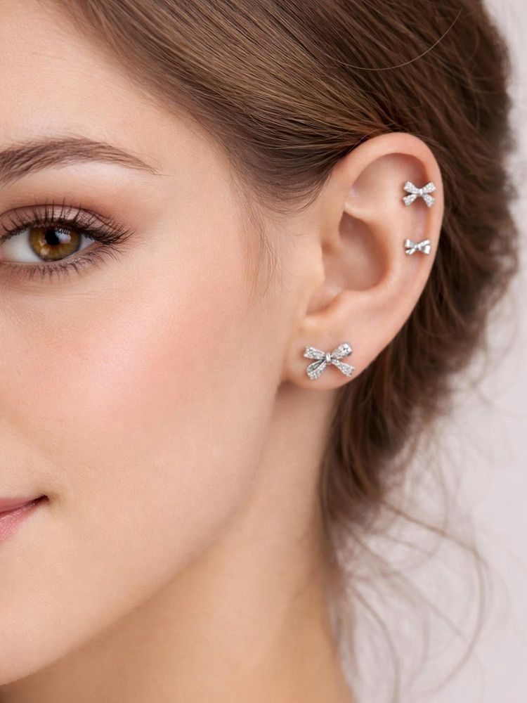 Accessher Women White Silver-Tone Rhinestone Bow Stud Earrings (Pack of 3)-picture-16