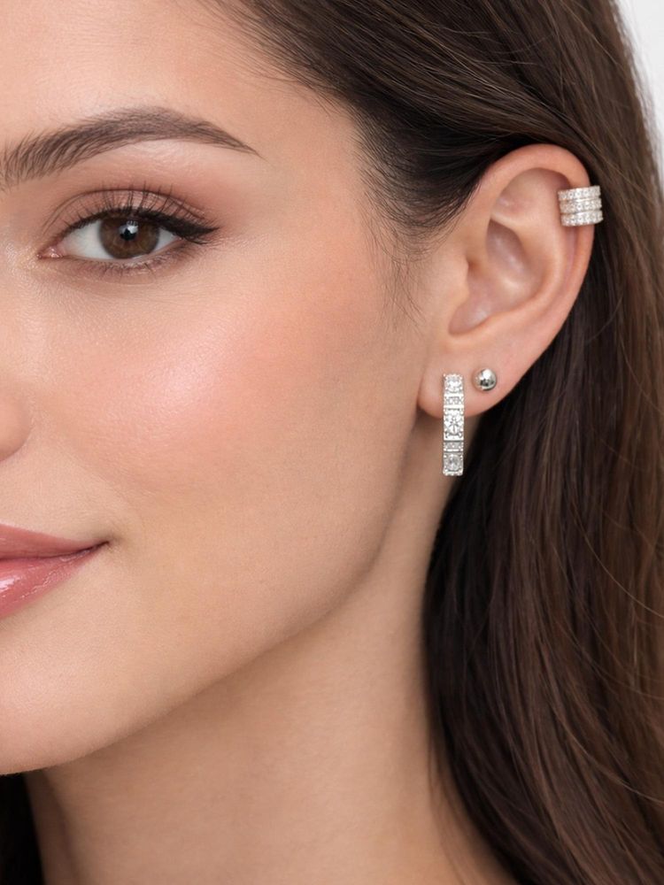 Accessher Women White Silver-Tone Geometric Earrings (Pack of 3)-image-3