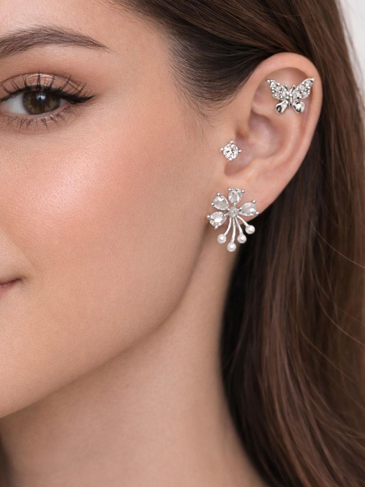 Accessher Women White Silver-Tone Crystal Korean Stud Earrings (Pack of 3)-picture-12