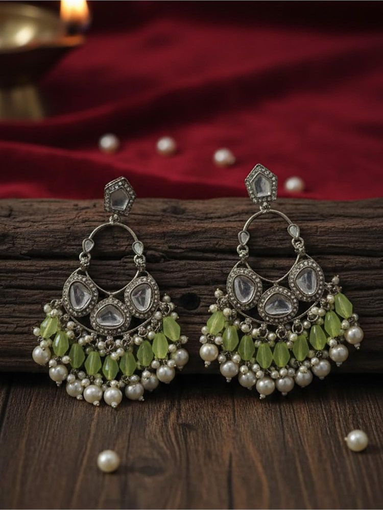 STILEADDA Women Light Green Handmade Mirror Work Chandbali Earrings-picture-33