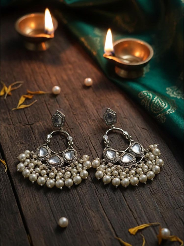 STILEADDA Women White Handmade Mirror Work Chandbali Earrings-image-5