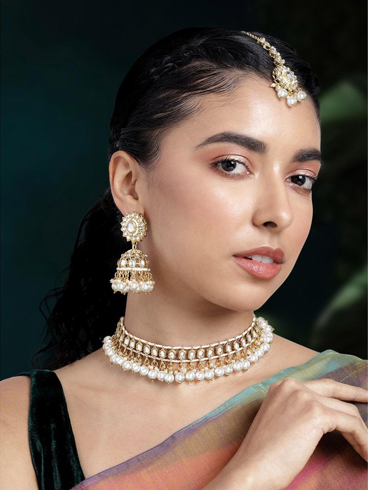 Peora Women White Gold Plated Beads & Kundan Studded Jewellery Set-picture-37