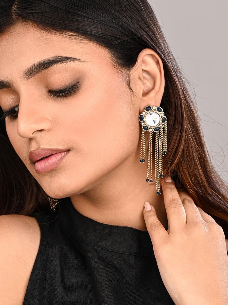 Anvik Women Navy Blue Kundan Tassel Drop Earrings-image-30