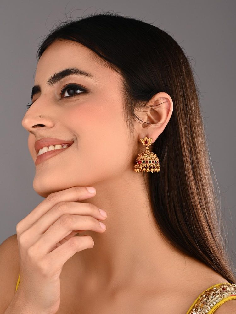 Anvik Women Multi-Color Ruby & Emerald Filigree Jhumka Earrings-image-3
