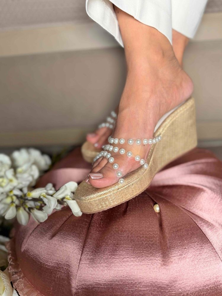 Sandal Stories Women White Pearl Aura Gold Wedges Heels-image-43