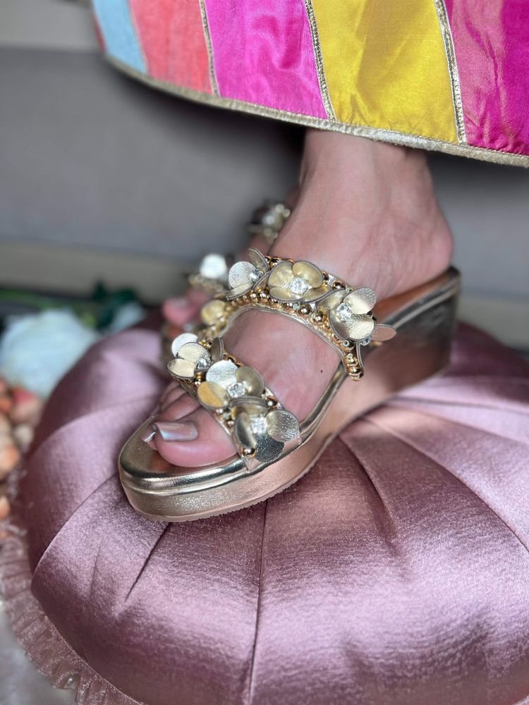 Sandal Stories Women Golden 3D Flower Embellished Wedges Heels-picture-10