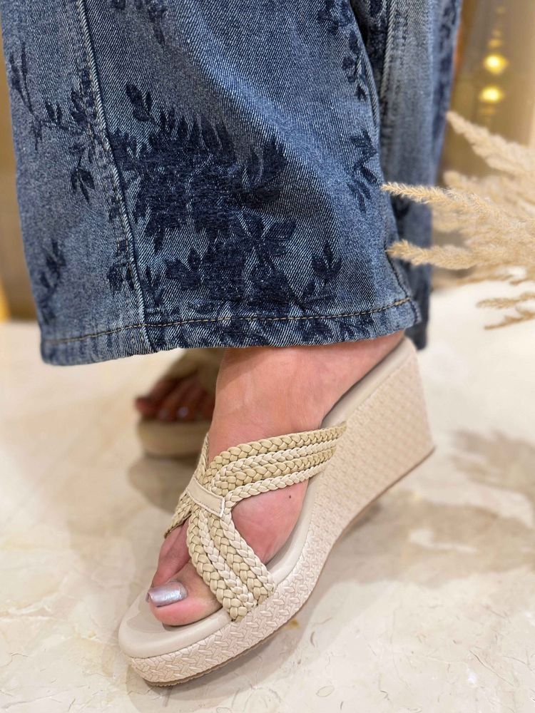 Sandal Stories Women Beige Braided Statement Wedge Heels-image-6