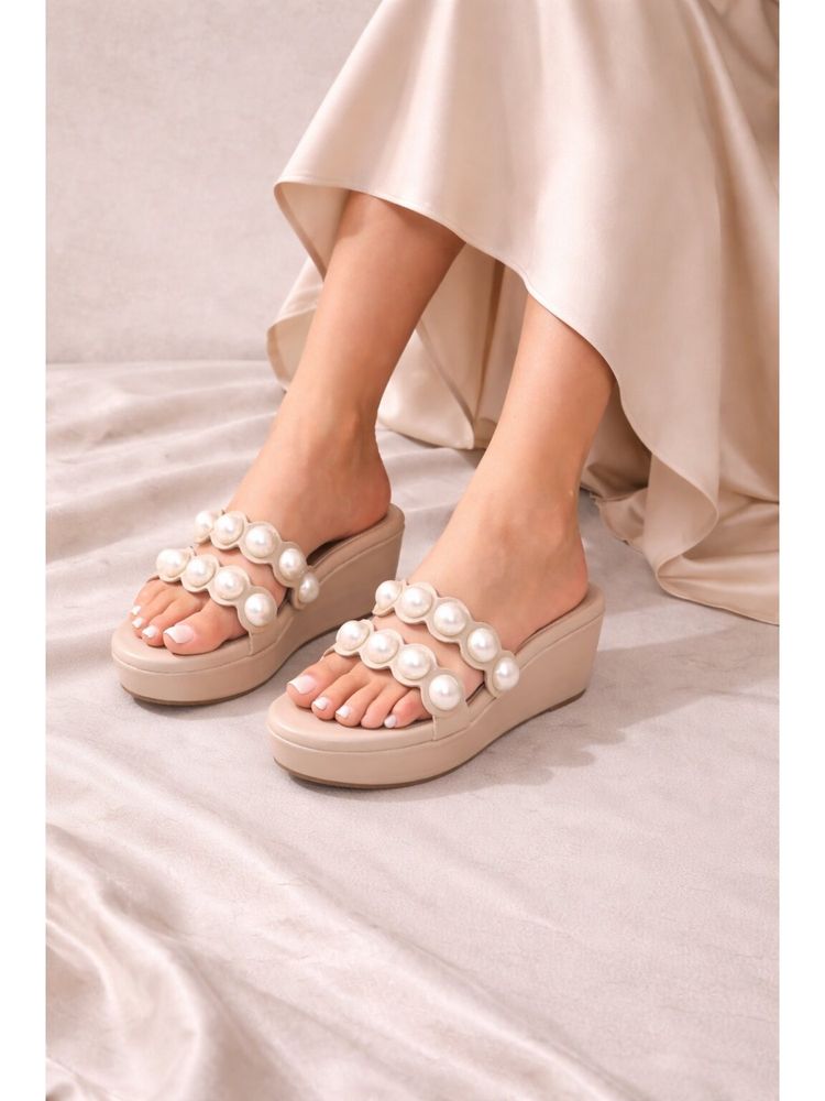 Sandal Stories Women Nude Pearl Elegance Embellished Wedges Heels-picture-23