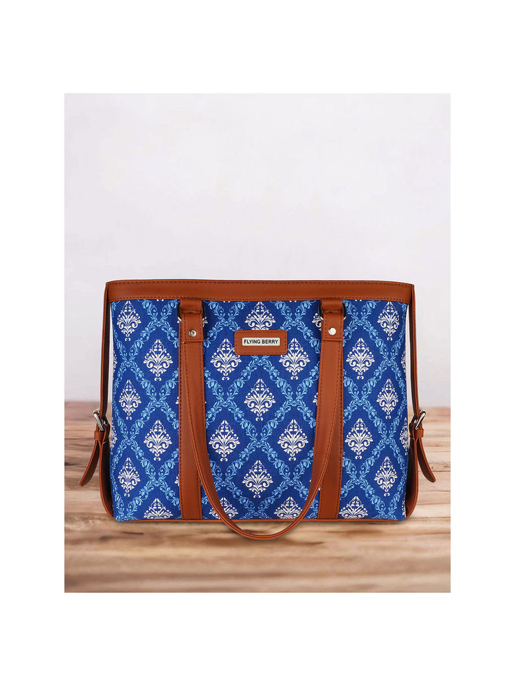 FLYING BERRY Blue Ethnic Floral Print Handcrafted Vegan Leather Sustainable Shoulder Laptop Bags-picture-39