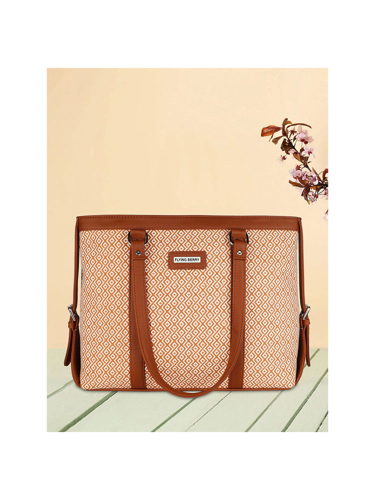 FLYING BERRY Tan Ethnic Graphic Print Handcrafted Vegan Leather Sustainable Shoulder Laptop Bags-image-18
