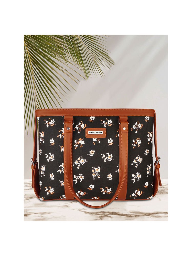 FLYING BERRY Black Ethnic Floral Print Handcrafted Vegan Leather Sustainable Shoulder Laptop Bags-picture-21