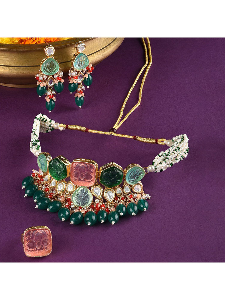 Zaveri Pearls Set Of 3 Multi-Color Kundan Choker Necklace Earring and Ring Set-ZPFK15095