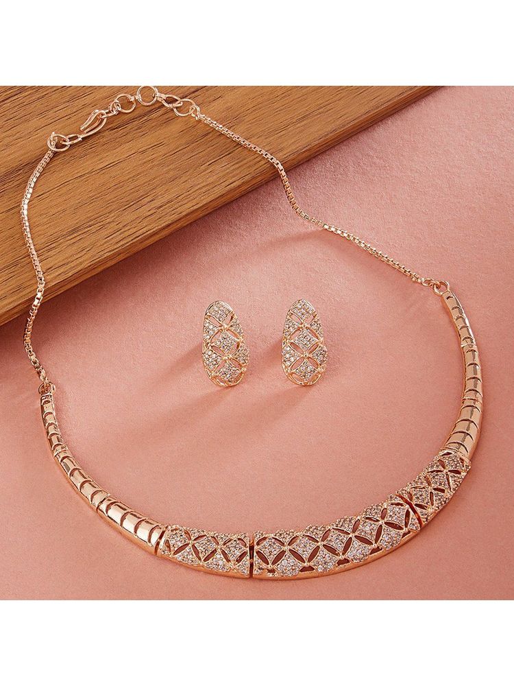 Zaveri Pearls Rose Gold Cubic Zirconia Party Bling Necklace & Earring Set-ZPFK15274