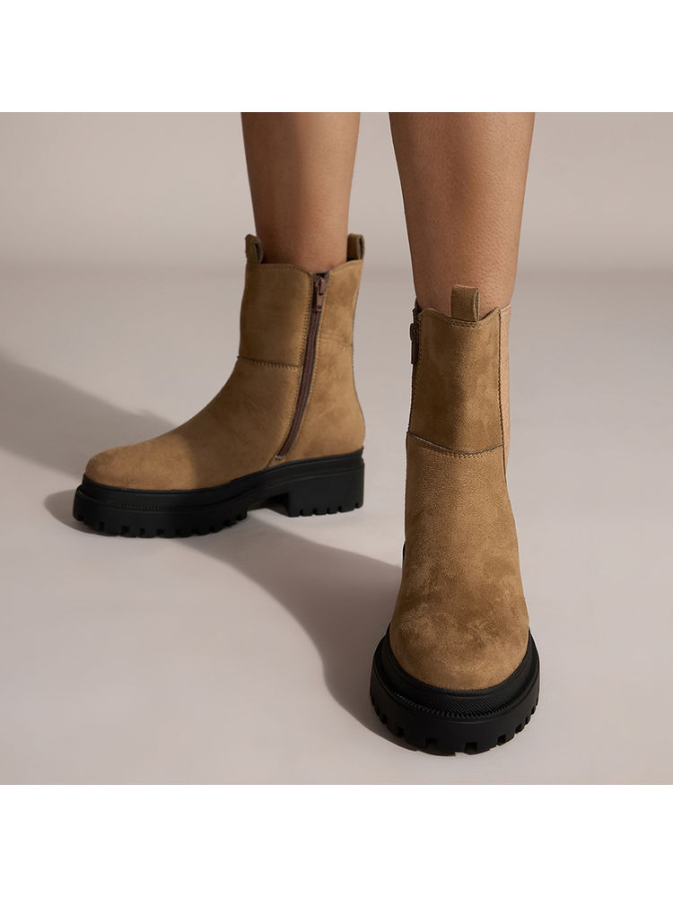 Twenty Dresses by Nykaa Fashion Beige Suede Round Toe High Ankle Chunky Chelsea Boots-picture-25