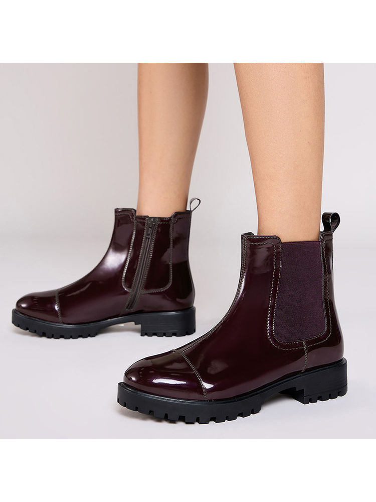 Twenty Dresses by Nykaa Fashion Maroon Patent Round Toe Stitch Detail Low Ankle Boots-picture-27
