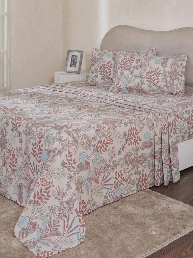 Maspar Peach Cotton Floral Bed Sheet with 2 Pillow Covers-picture-24