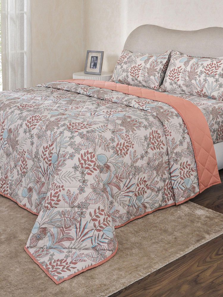 Maspar Peach Cotton Blend Floral Bedsheet with Quilt & 2 Pillow Cover-image-46