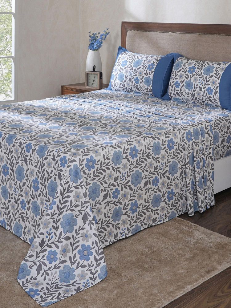 Maspar Blue Cotton Bed Sheet with 1 Pillow Cover (Single)-image-49