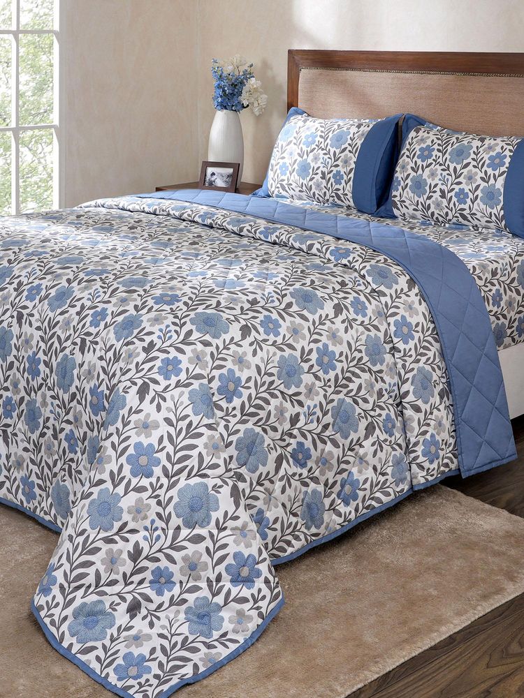 Maspar Blue Cotton Blend Bedsheet with Quilt & 2 Pillow Cover (King)-image-14