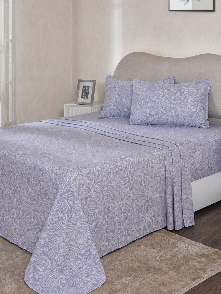 Maspar Blue Floral Cotton Bed Sheet with 1 Pillow Cover (Single)-image-3