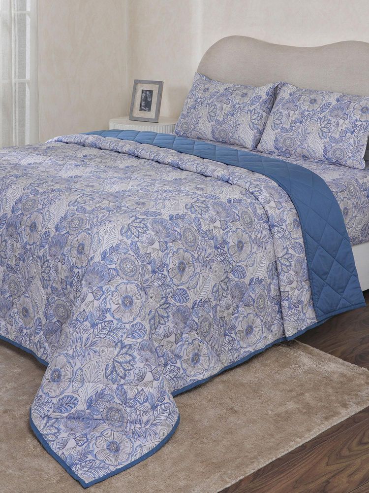 Maspar Blue Cotton Blend Floral Bedsheet with Quilt & 2 Pillow Cover-image-15