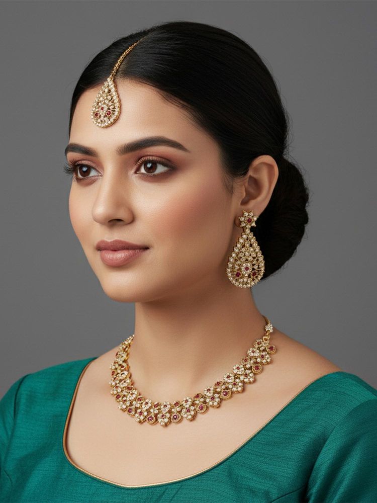 I Jewels Gold Plated Pink Stone Studded Jewellery Set for Women-image-30