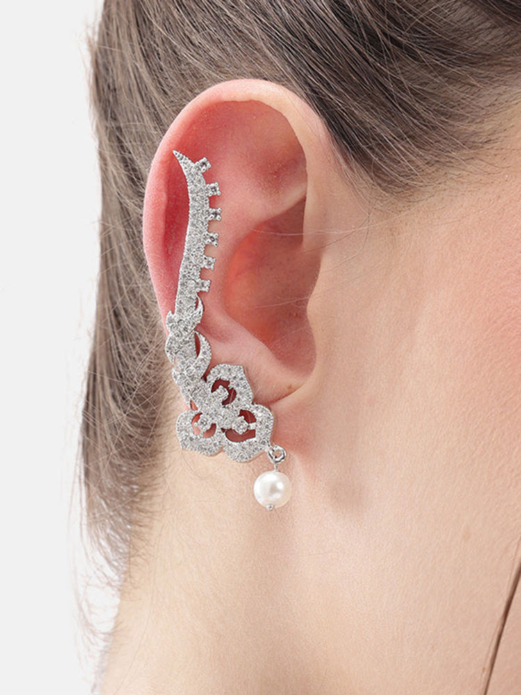 Nuyug Rhodium Plated Curl American Diamond Ear cuffs-picture-14