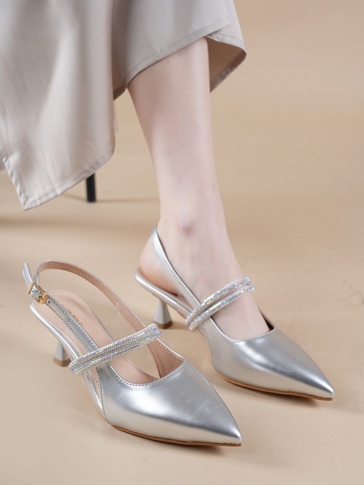Drop Bold Silver Embellished Pointed Toe Slim Heel Sandals