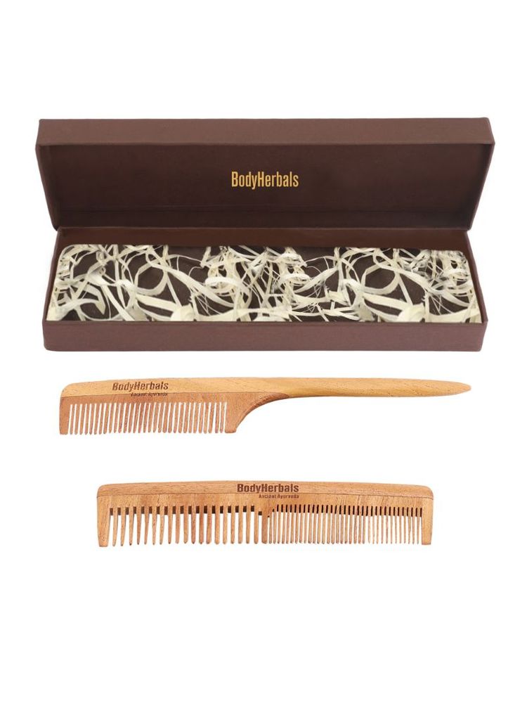 BodyHerbals Double Tooth Comb and Tail Comb [Set of 2], Anti-Static Handmade 100% Natural Neem Wood-image-40