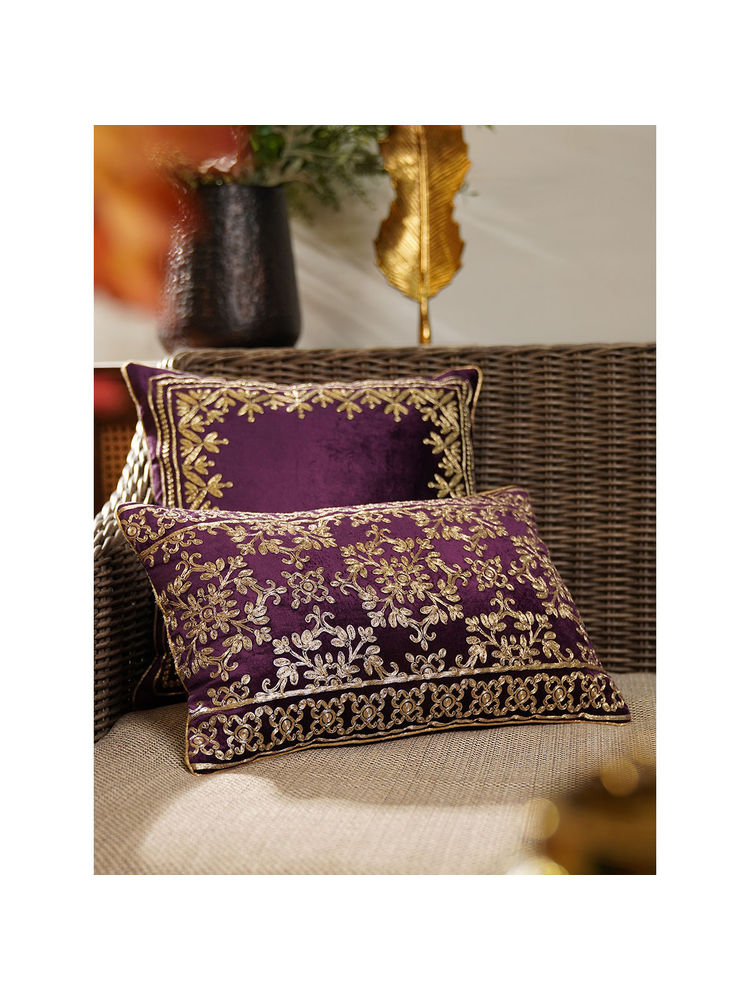 Pure Home + Living Purple Zari Embroidered Velvet Rectangle Cushion Cover-image-28