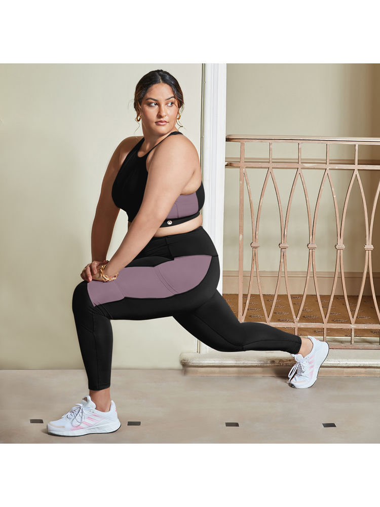 Nykd All Day High rise Color Block Breathable Leggings-NYK029-Jet black+Elder berry