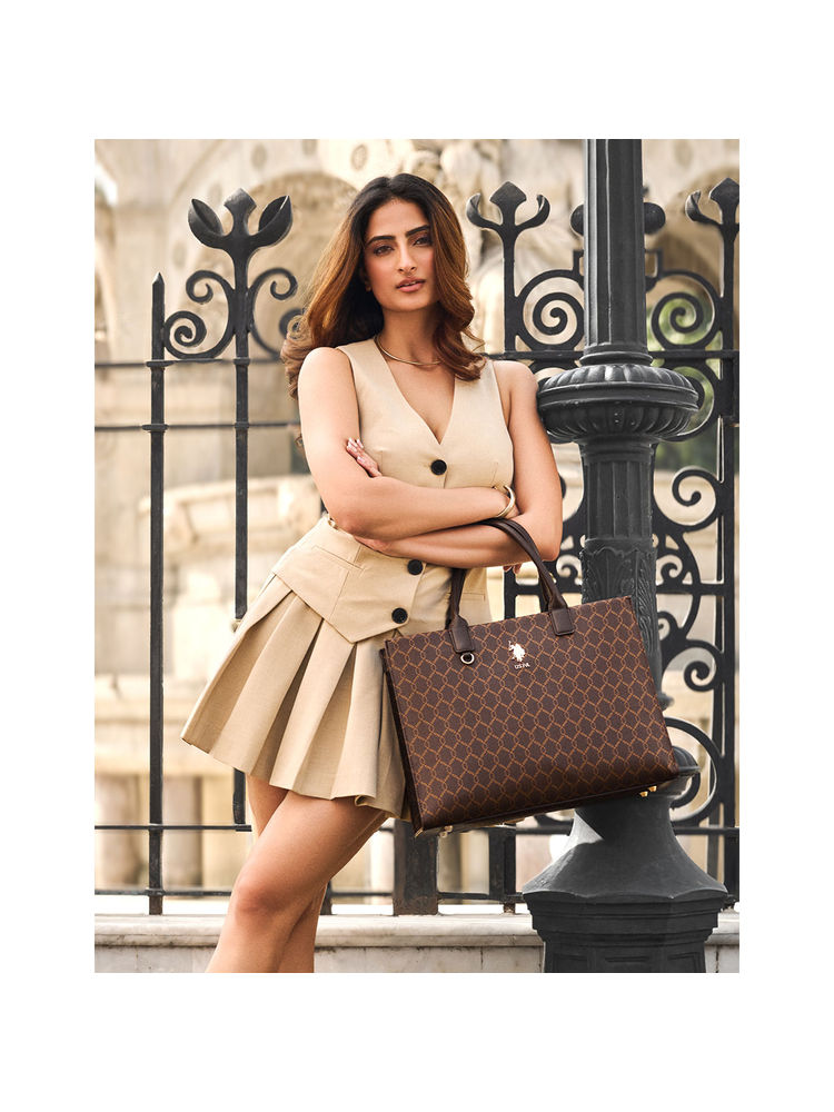 U.S. POLO ASSN. Scarlet Brown Monogram Printed tote Handbag with Dual Handles-picture-14