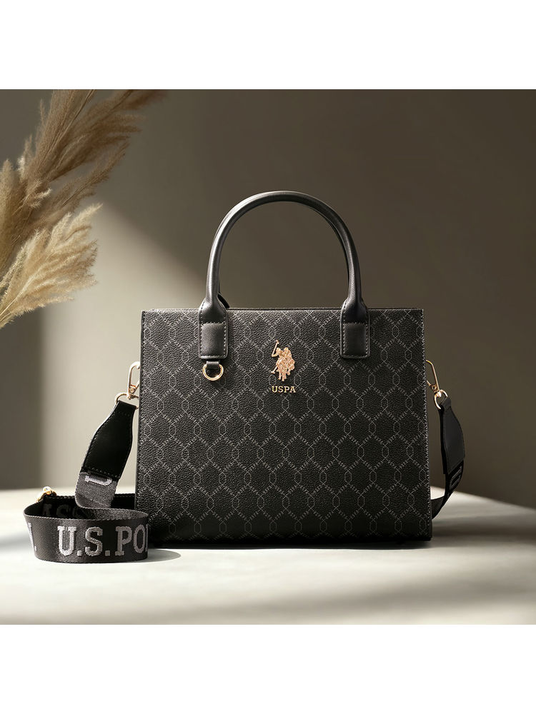 U.S. POLO ASSN. Scarlet Black Monogram Printed tote Handbag with Dual Handles-picture-14