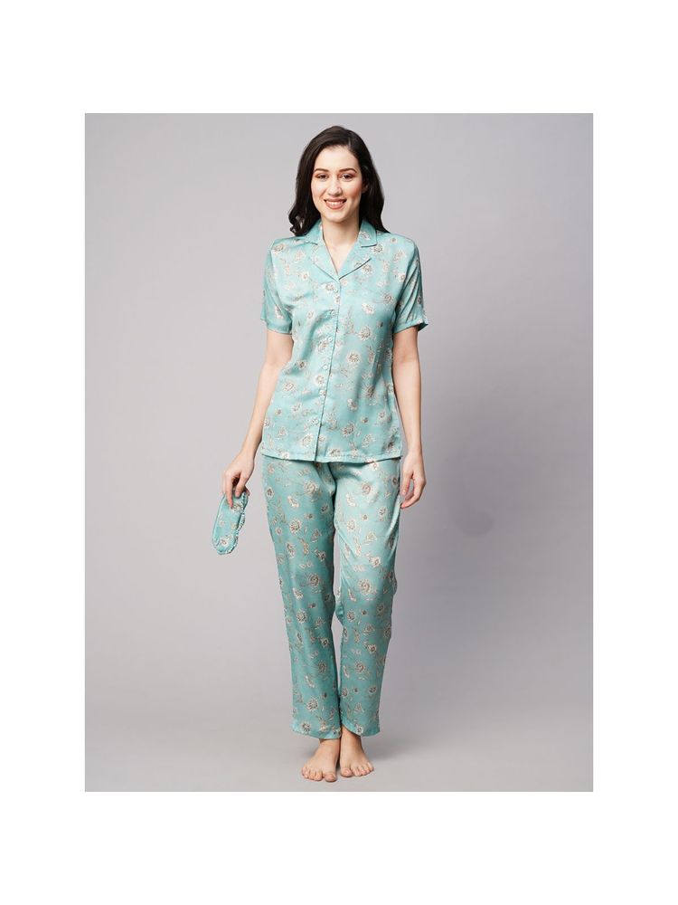 Drape In Vogue Womens Green White Floral Print Satin Night Suit-image-3