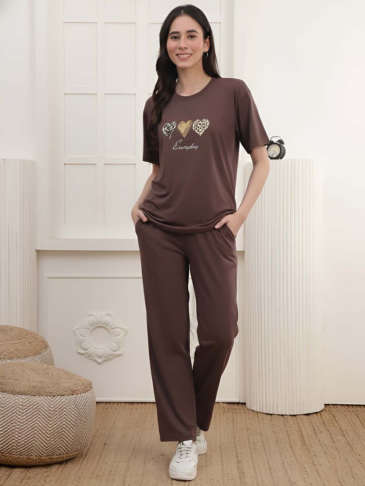 Kanvin Womens Brown Typography Top with Pyjama-picture-20