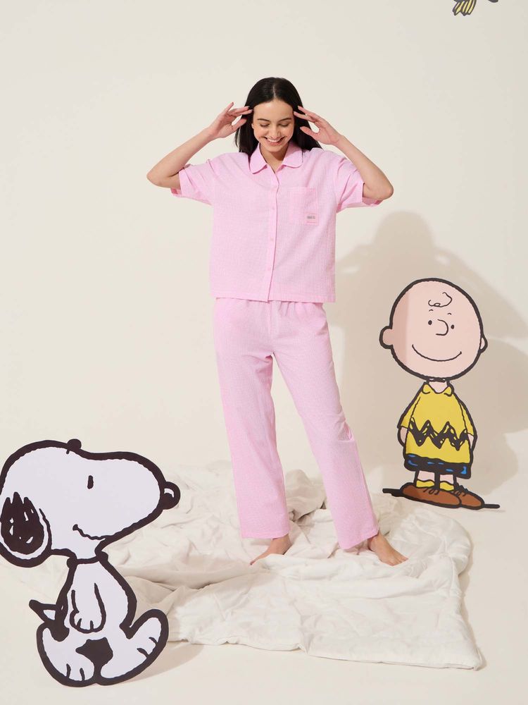 Sweet Dreams Womens Cute Snoopy Gingham Front Open Shirt with Pyjama-picture-25